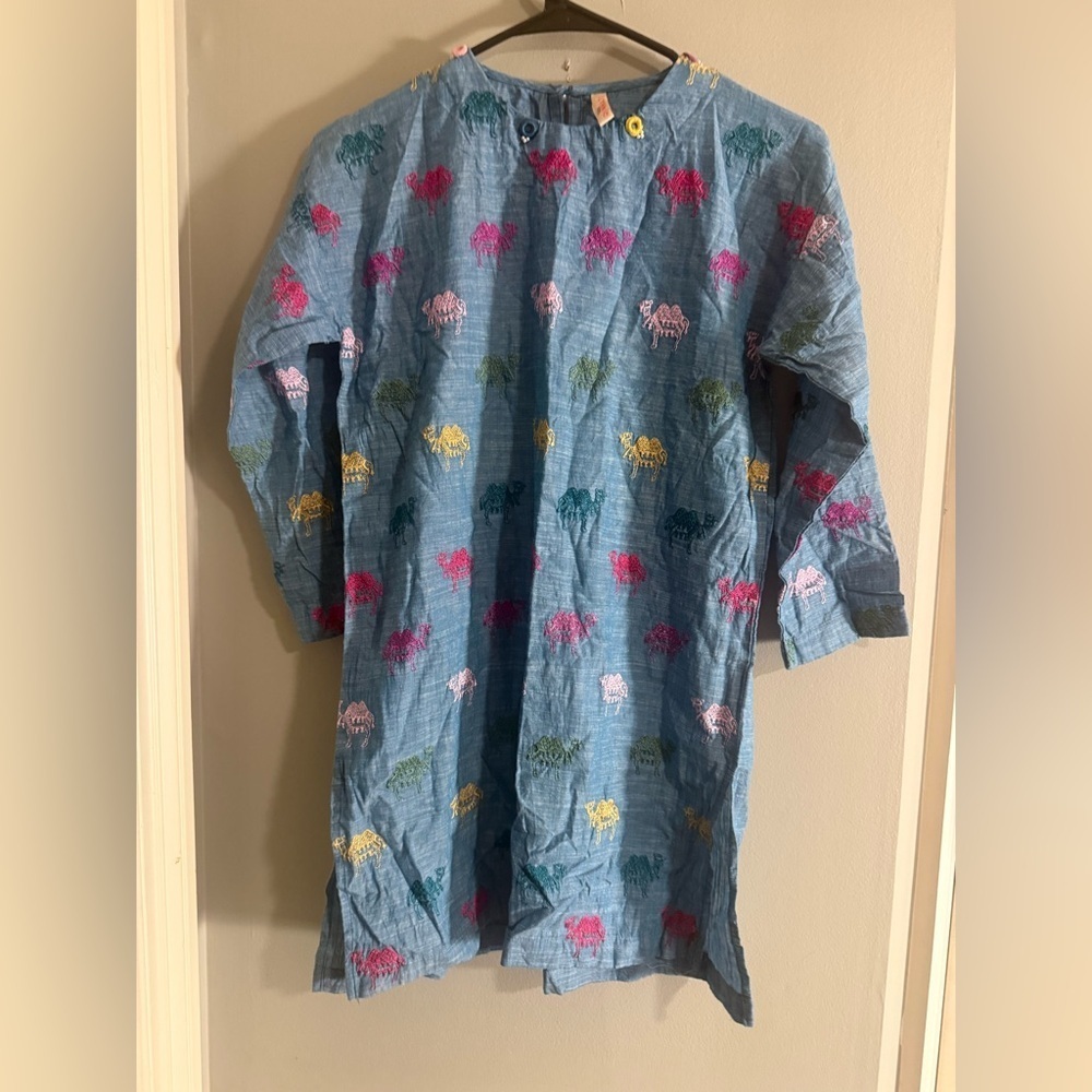 Ethnic Kids Blue Linen Camel Embroidered Tunic Dress 10Y Boho India